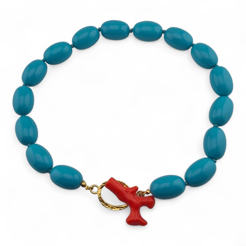 KJL Kenneth Jay Lane Turquoise Bead Necklace Red Coral Shrimp Pendant 17in